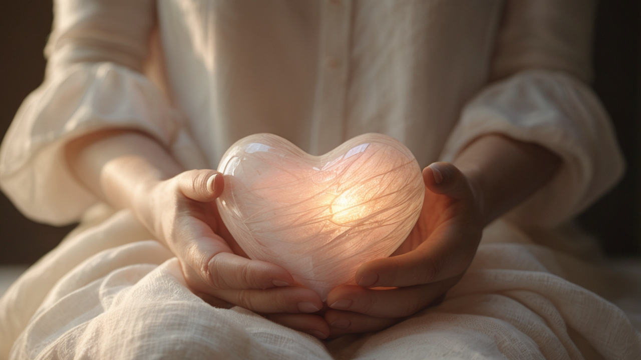 What to Look for in a Colonic Center? Woman holding soft glowing pearlescent heart in cupped hands wearing a comfortable linen outfit.